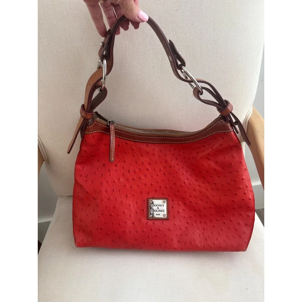 Vintage Dooney & Bourke Red Ostrich Embossed Leather Hobo Shoulder Bag Silver